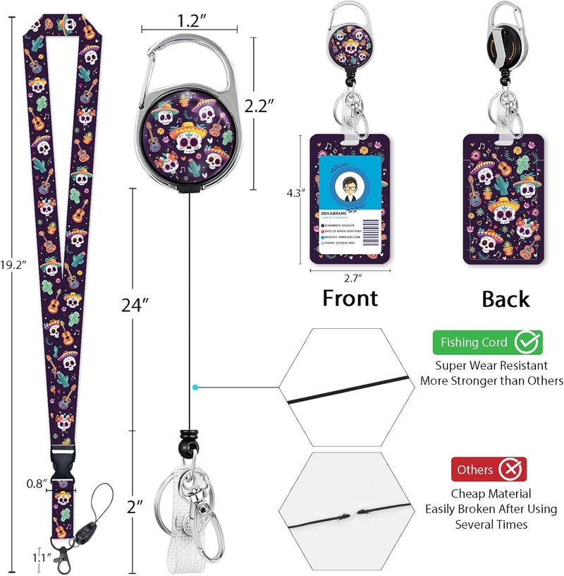 GIANCOMICS Day of The Dead Lanyards for Id Badges, Sugar Skull ID Badge Holder with Lanyard Badge Reel Retractable, Spooky Lanyard with ID Holder Keychain Clip Name Tag ID Card Holder Women Office - Image 5